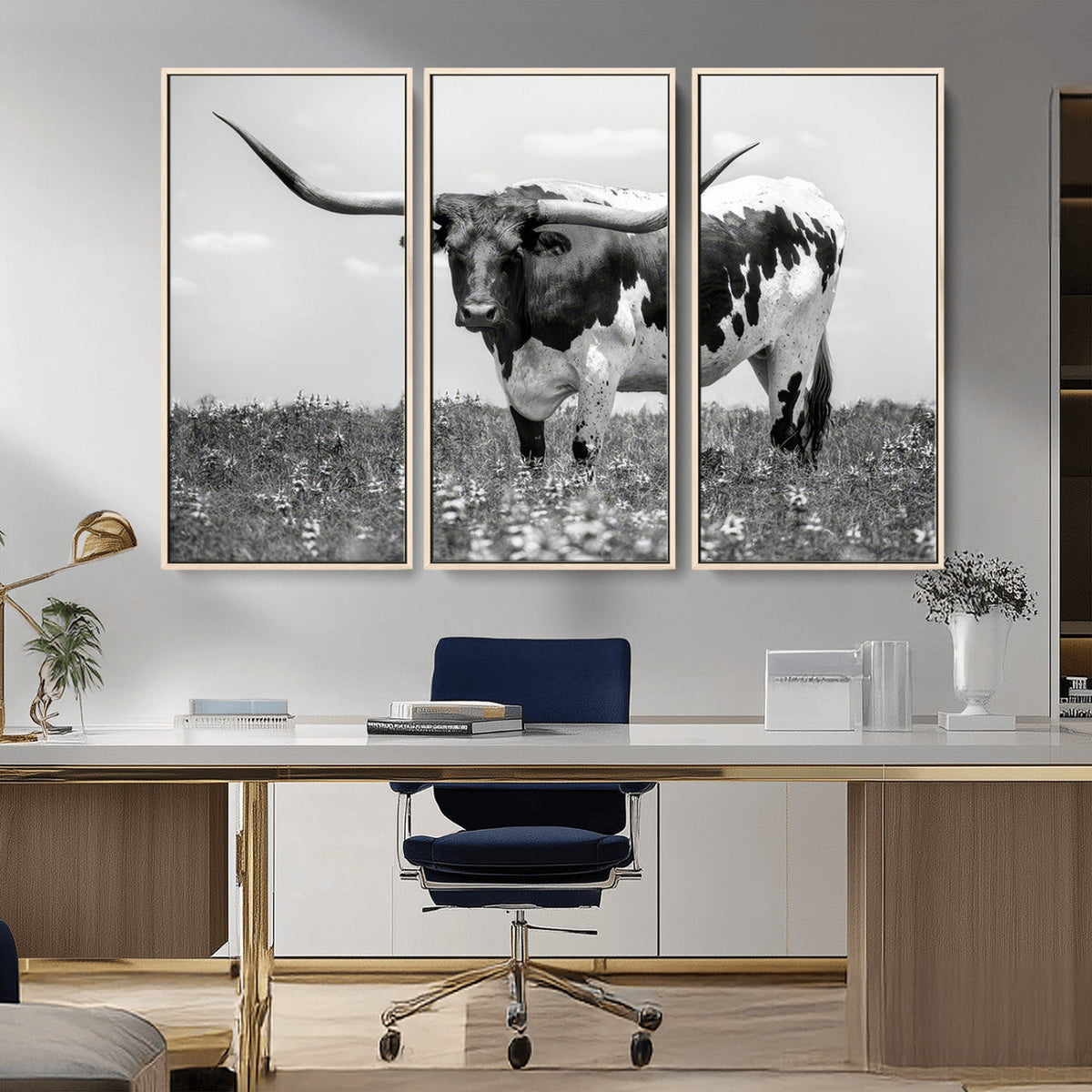 Texas Black White Highland Longhorn Cow Wall Art Canvas