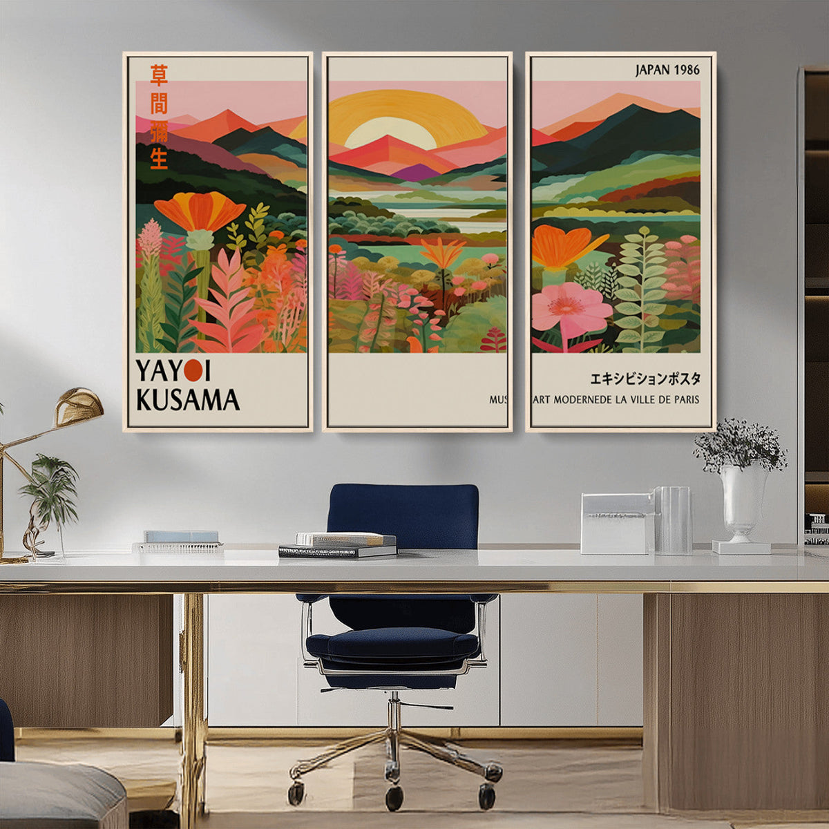 Framed Yayoi Kusama Print, Vibrant Floral Mountain Art