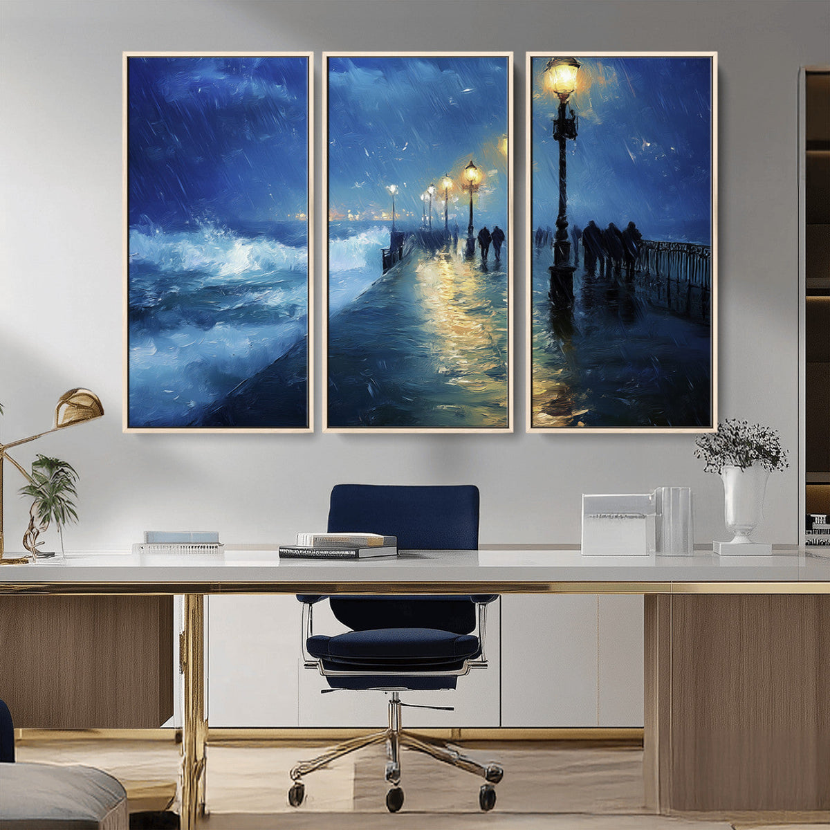 Storm Ocean Pier Canvas Wall Art Print - Large Moody Night