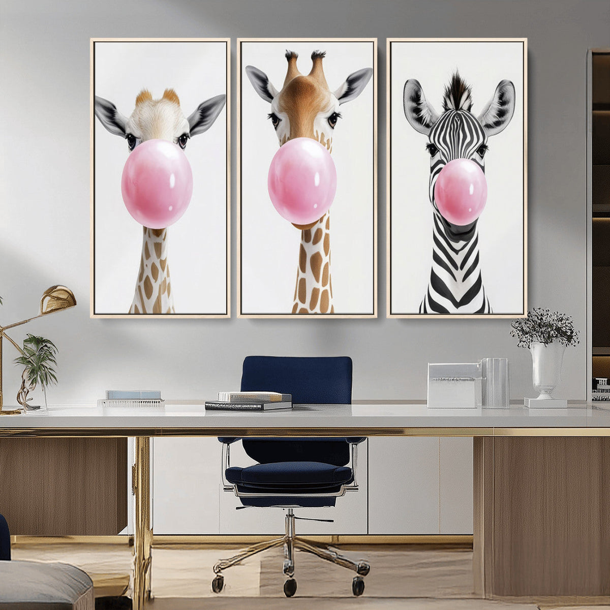 Bubblegum Animals Canvas Wall Art - Playful Giraffe and