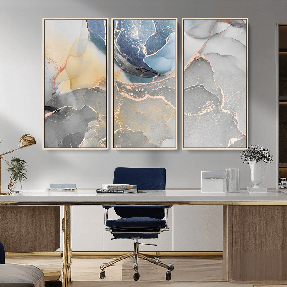 Large Abstract Blue and Gold Canvas Wall Art | Fluid Ink