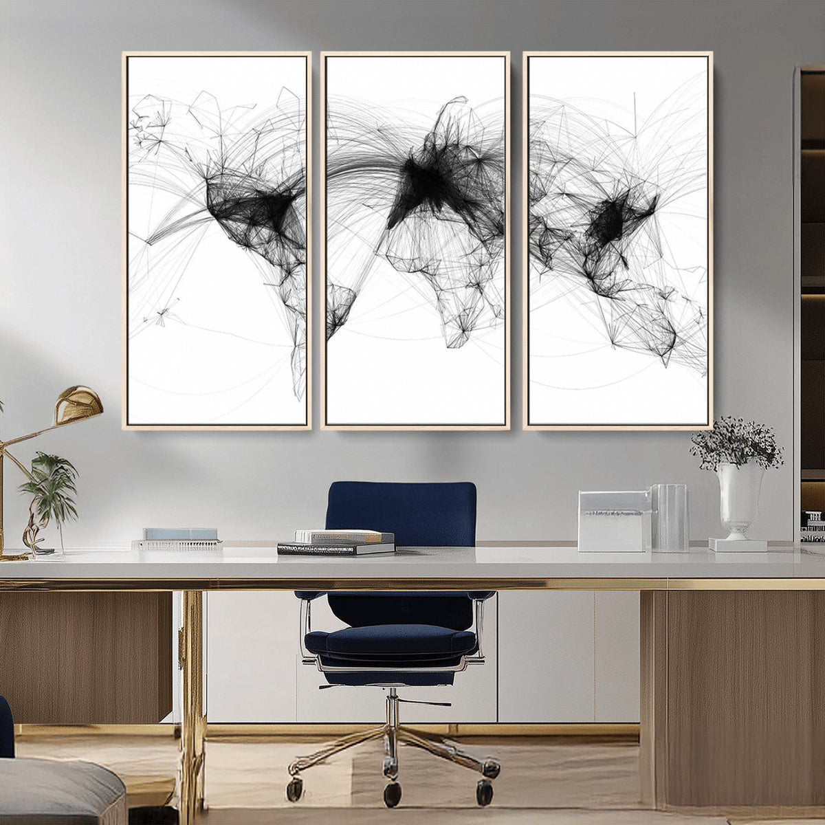 Abstract World Map Wall Art – Framed Geometric Line Canvas