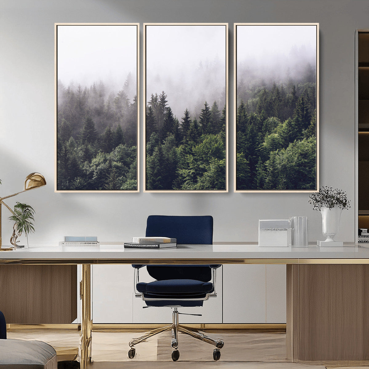 Misty Forest Wall Art Canvas Print, Serene Foggy Pines and