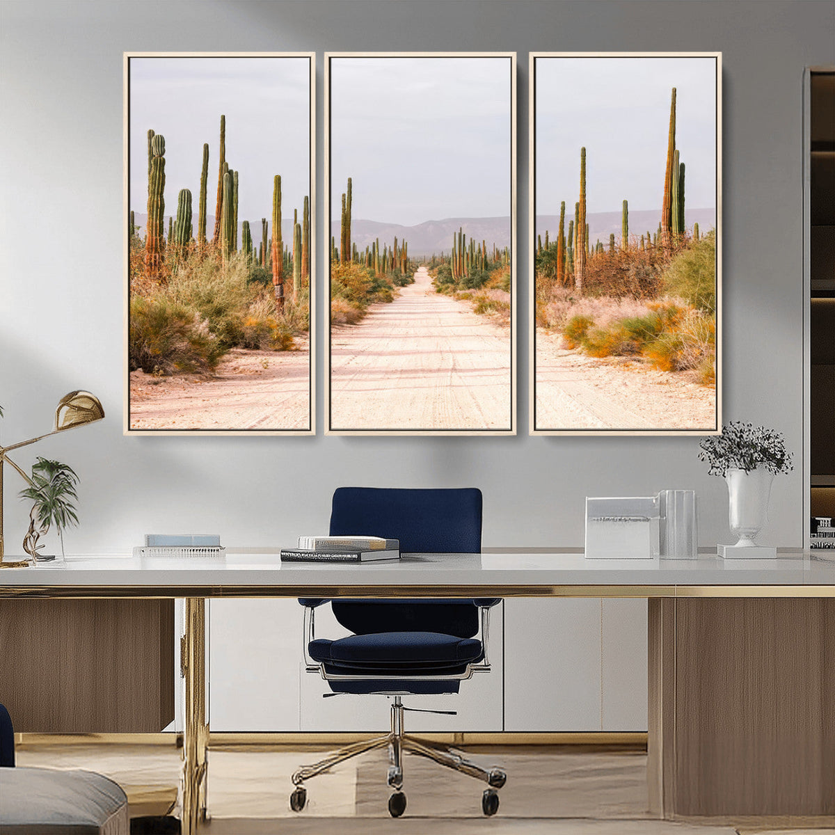 Desert Cactus Lined Road Wall Art Canvas Print – Framed