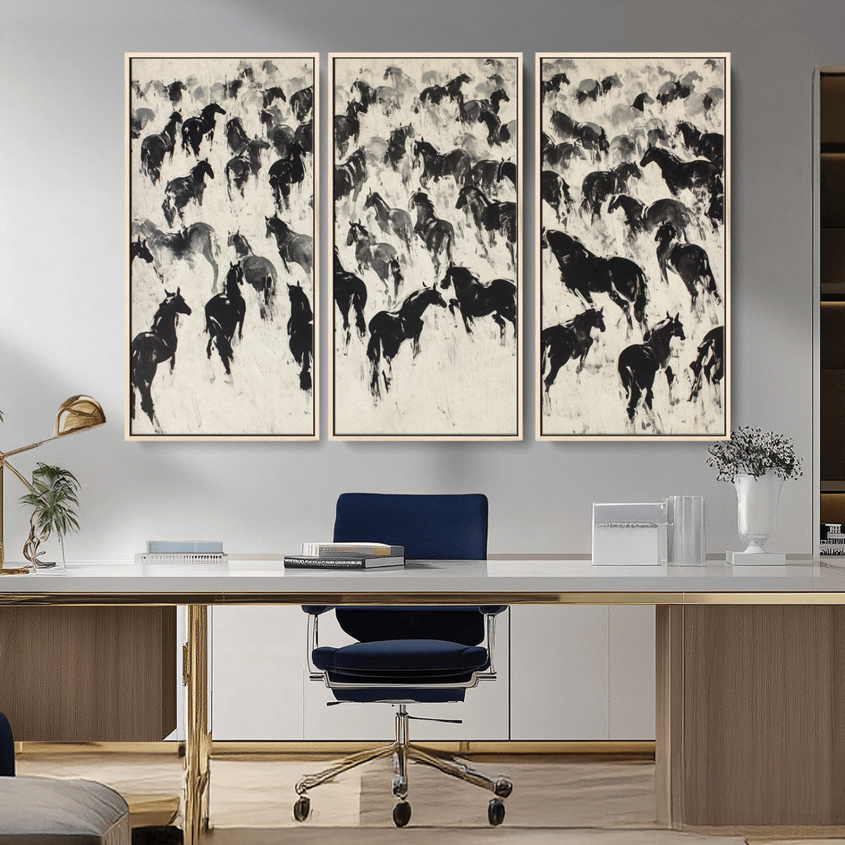 Wild Horse Stampede Wall Art Canvas Print – Monochrome