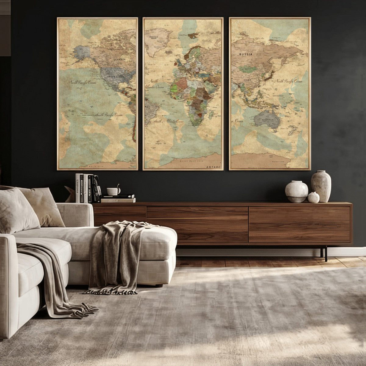 Vintage World Map Wall Art | Ready to Hang and Framed