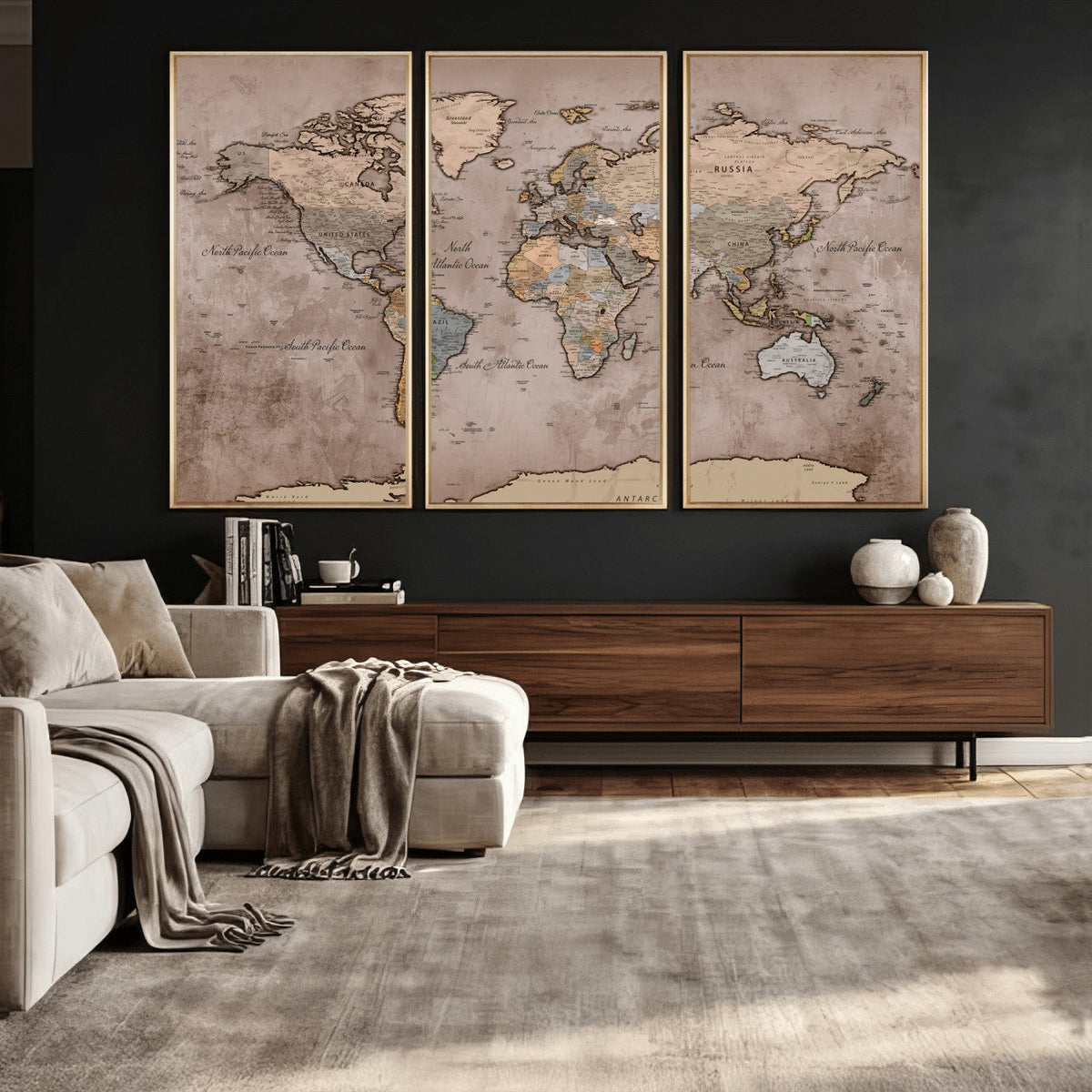 Grunge World Map Canvas Wall Art - Vintage Aged World Map