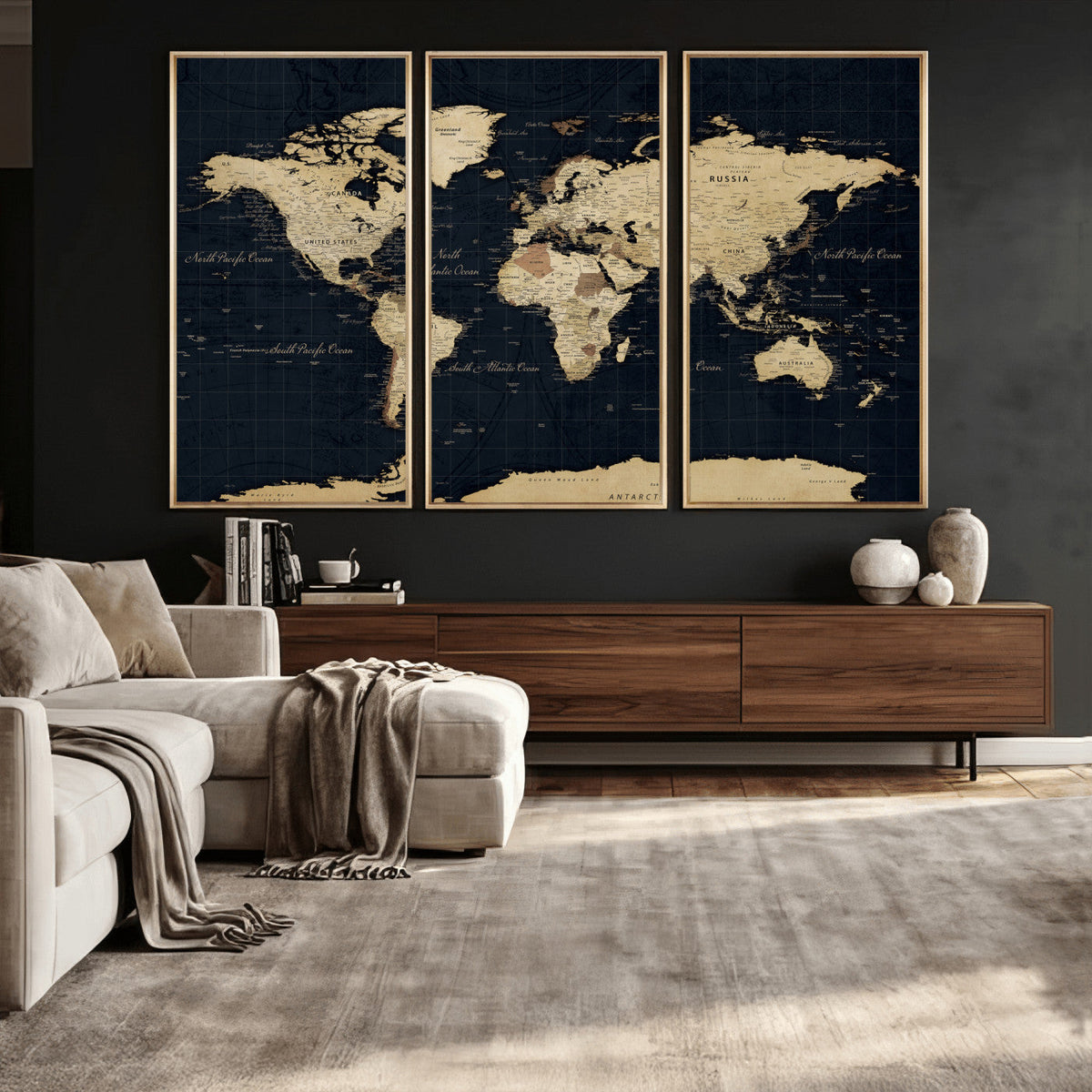 Dark World Map Canvas Wall Art Print, Minimal Black and Gold