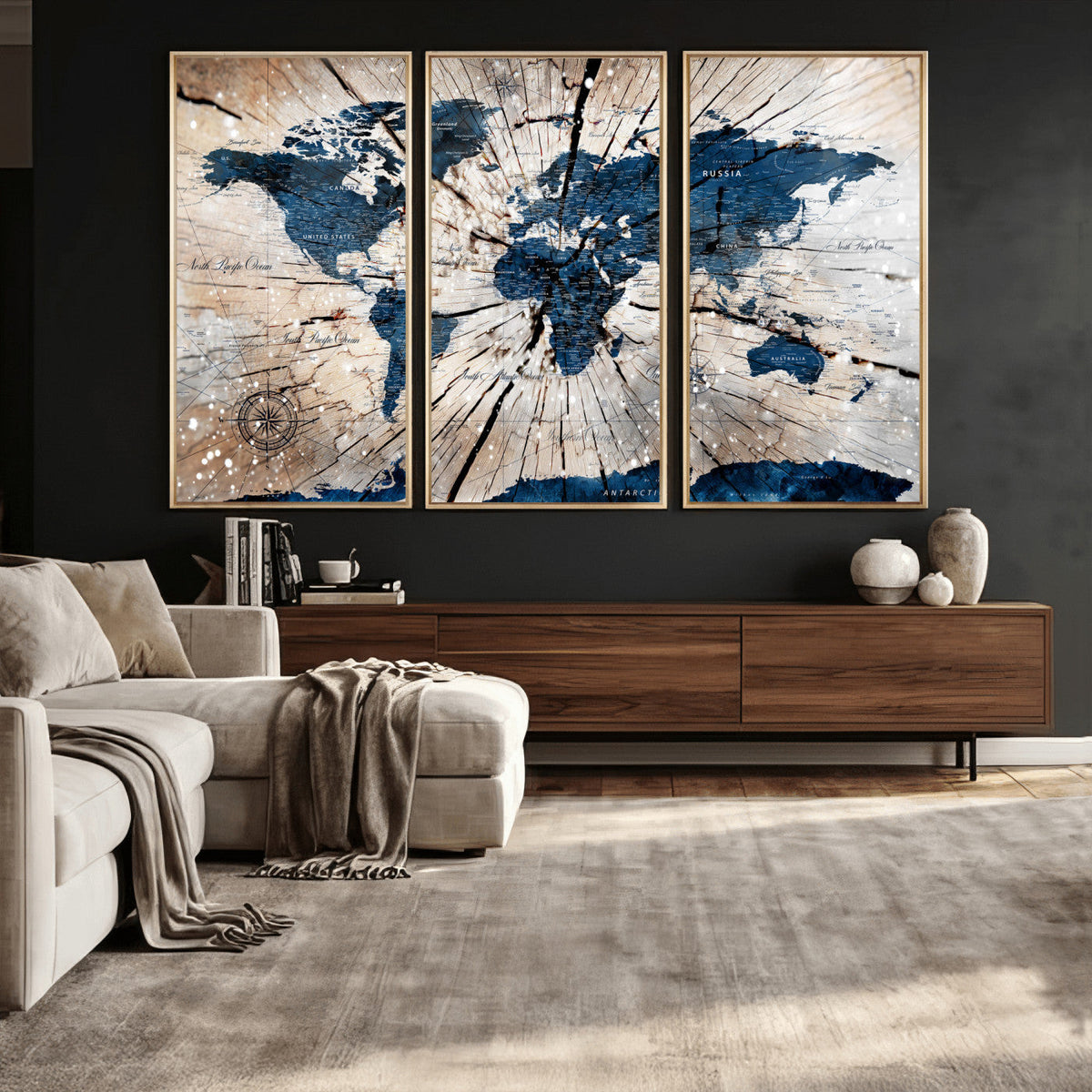 Rustic World Map Canvas Print – Framed Wall Art for Couples,