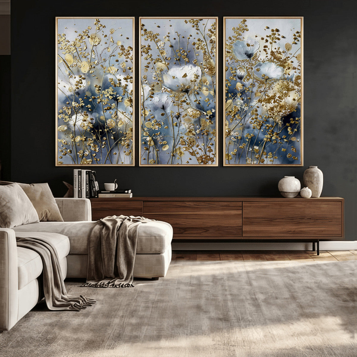 Abstract Floral Wall Art Canvas Print – Gold and Blue