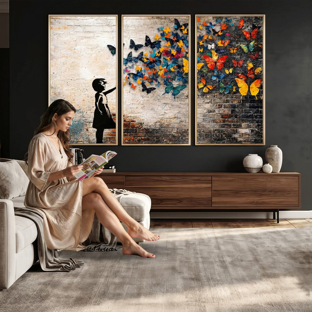 Banksy Graffiti Butterfly Girl Wall Art Canvas Print, Framed