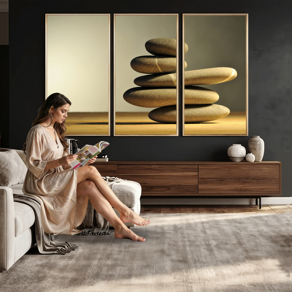Zen Stone Wall Art Canvas Print, Balanced Rock Stack Framed