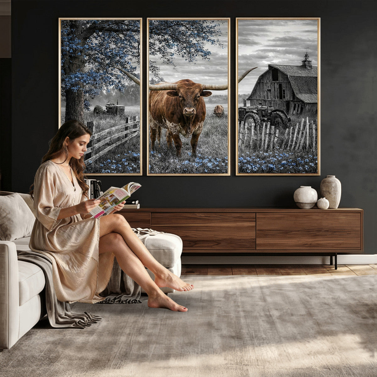 Texas Longhorn Canvas Wall Art, Rustic Farm Barn Bluebonnet