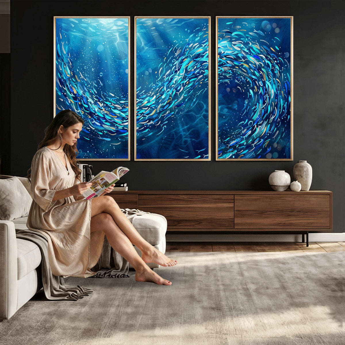 School of Fish Canvas Print | Blue Ocean Underwater Wall Art