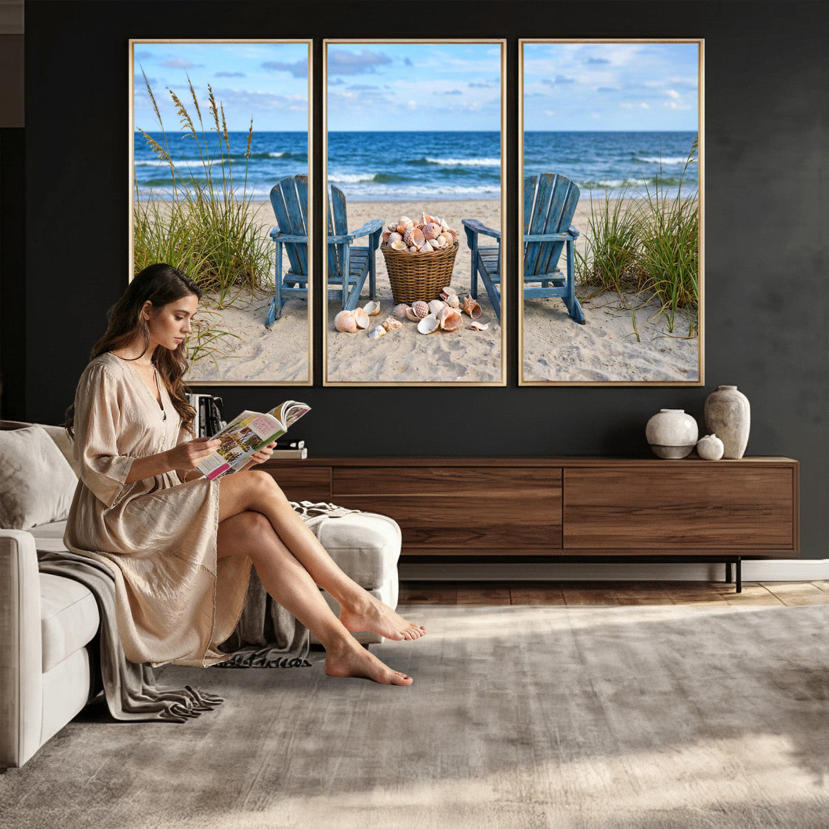 Large Beach Canvas Wall Art Coastal Adirondack Chairs Ocean
