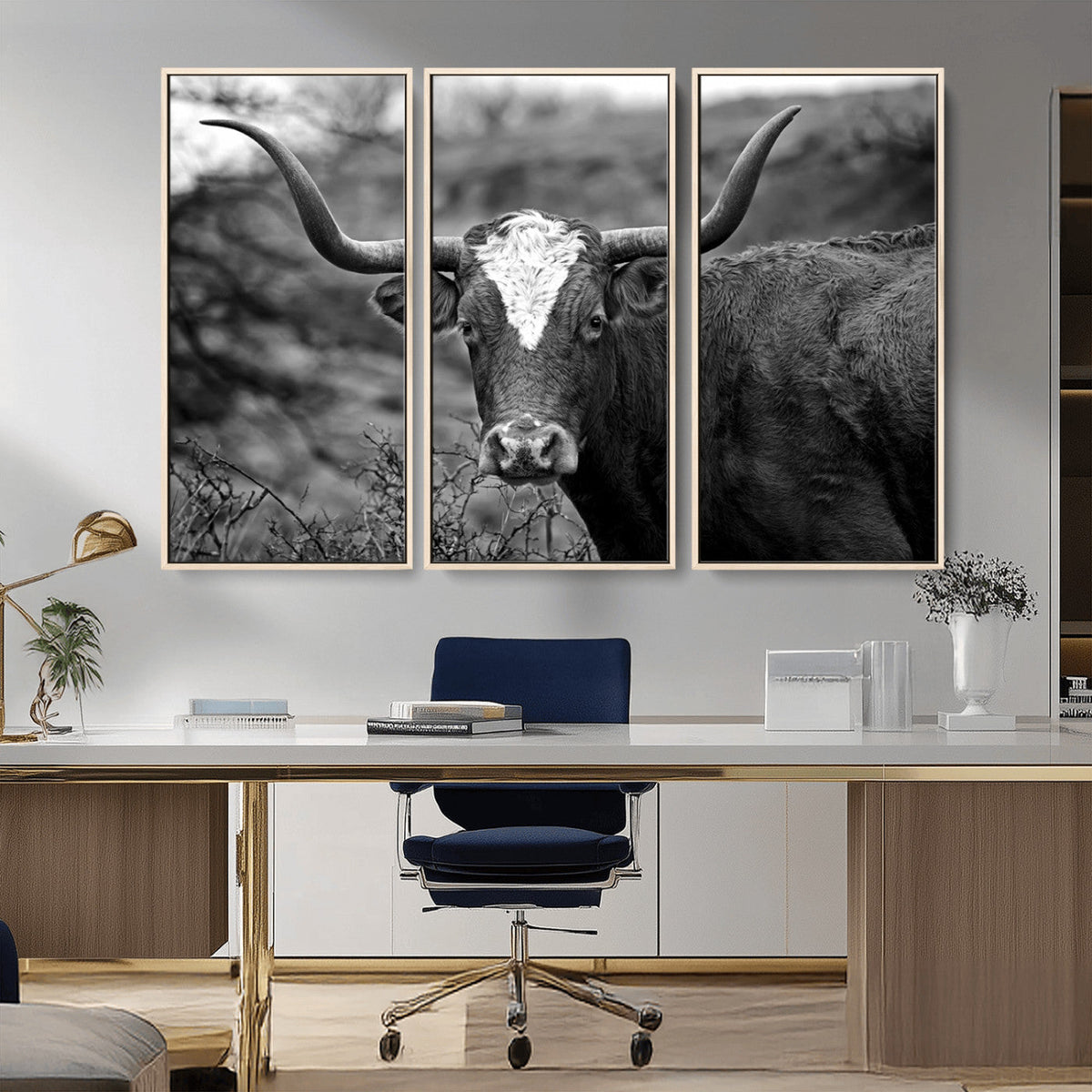 Western Home Wall Art Canvas Print, Framed Texas Longhorn