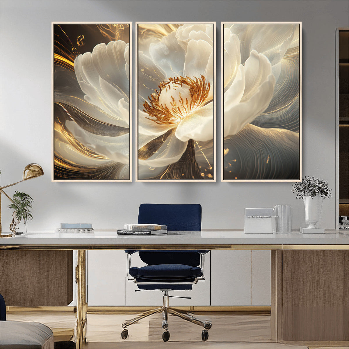 Gold Floral Wall Art Canvas Print, Framed Modern Flower Art