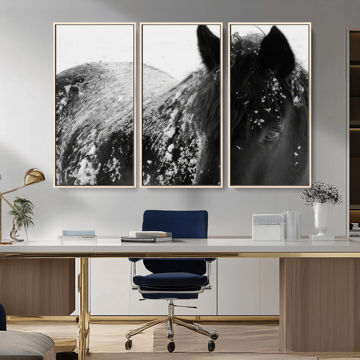 Black Horse in Snow Canvas Print | Winter Horse Wall Art |