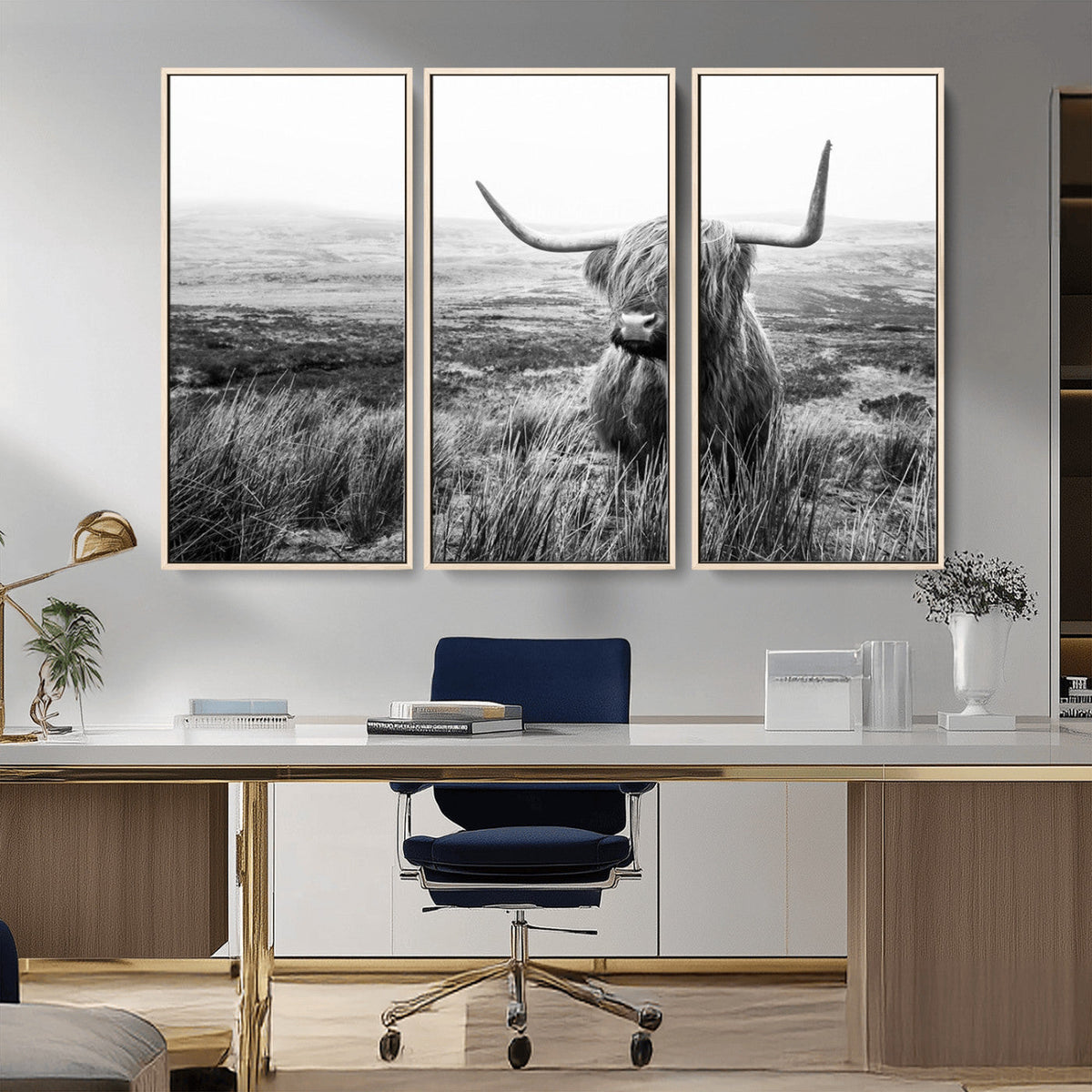 Scottish Highland Cow Wall Art | Black and White Canvas