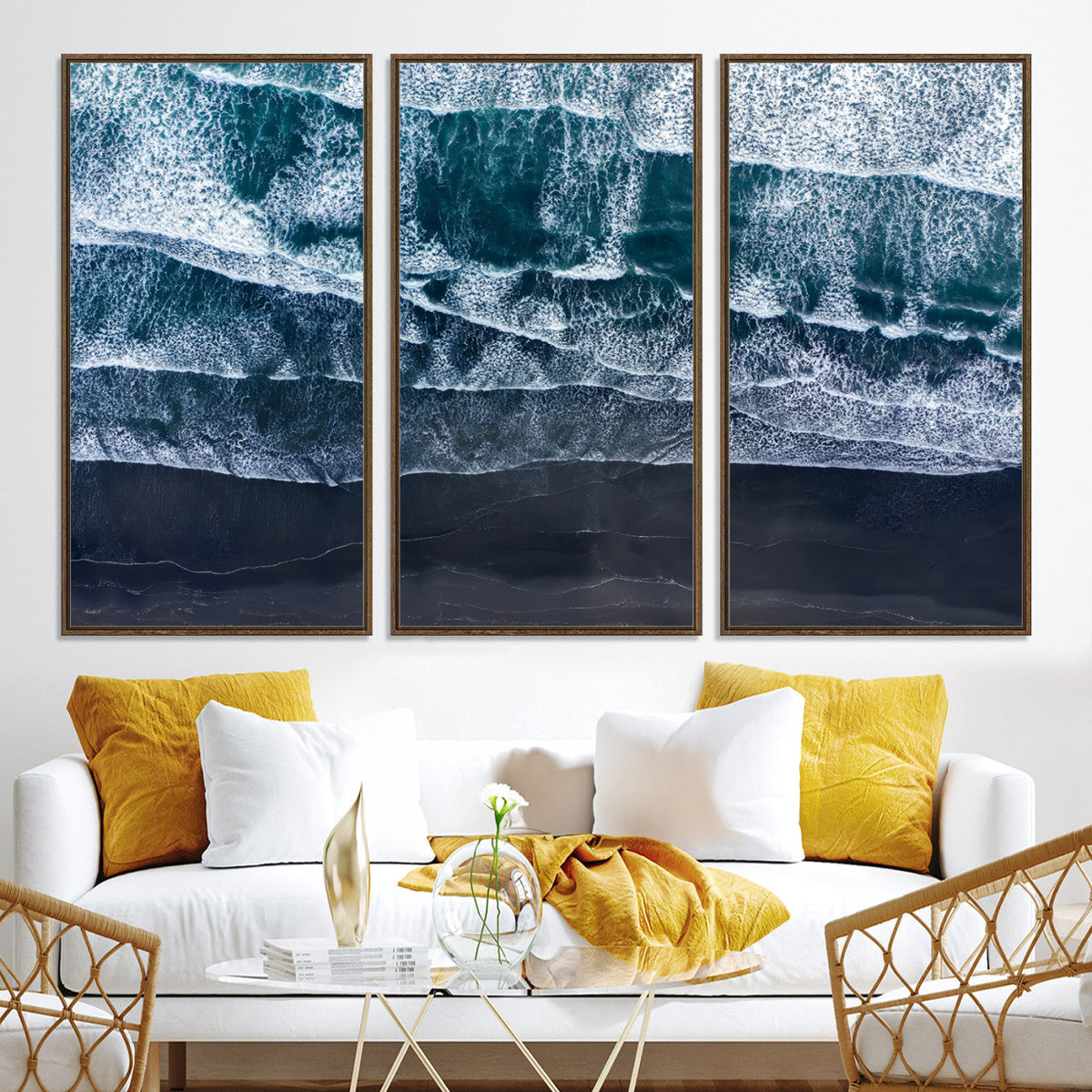 Black Beach Wall Art Canvas Print – Framed Aerial Ocean View