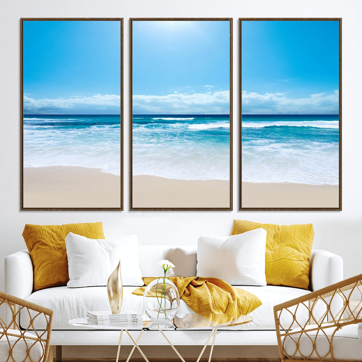 Wall Art Canvas Print Shiny Blue Sea and Beach