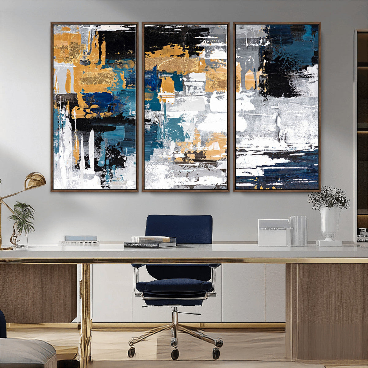 Blue and Gold Abstract Canvas Wall Art – Triptych Modern
