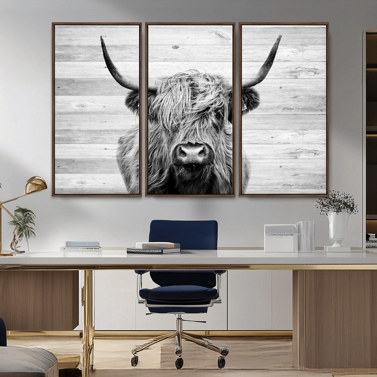 Scottish Highland Cow Cattle Art Print on Wood Background