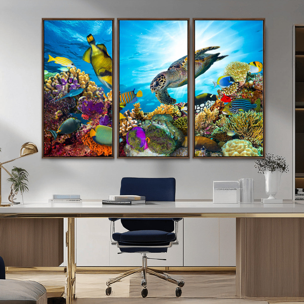 Colorful Coral Reef and Sea Life Turtle Canvas Print,