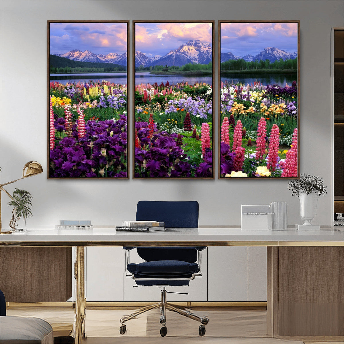 Vibrant Wildflower Garden and Mountain View Giclee Canvas