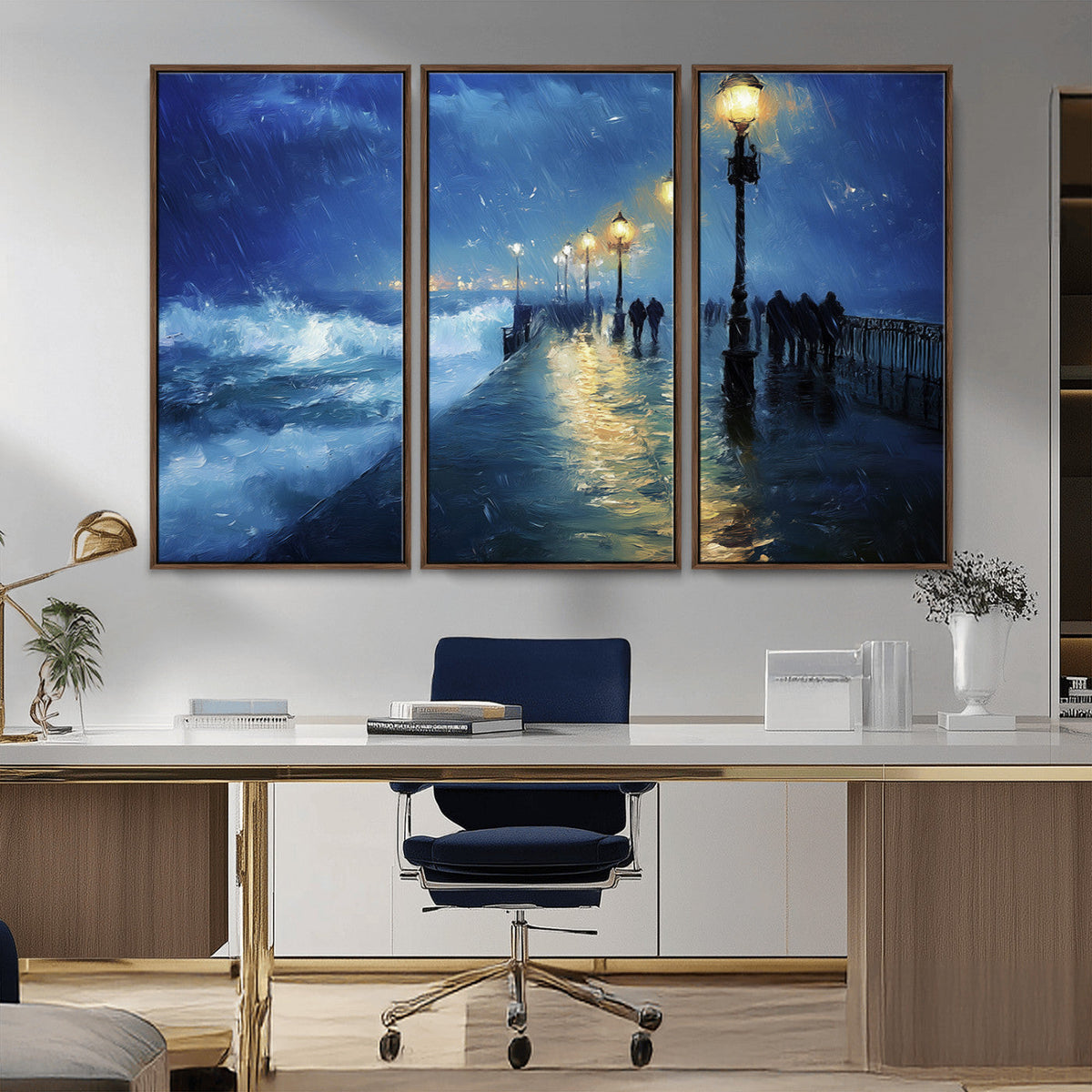 Storm Ocean Pier Canvas Wall Art Print - Large Moody Night