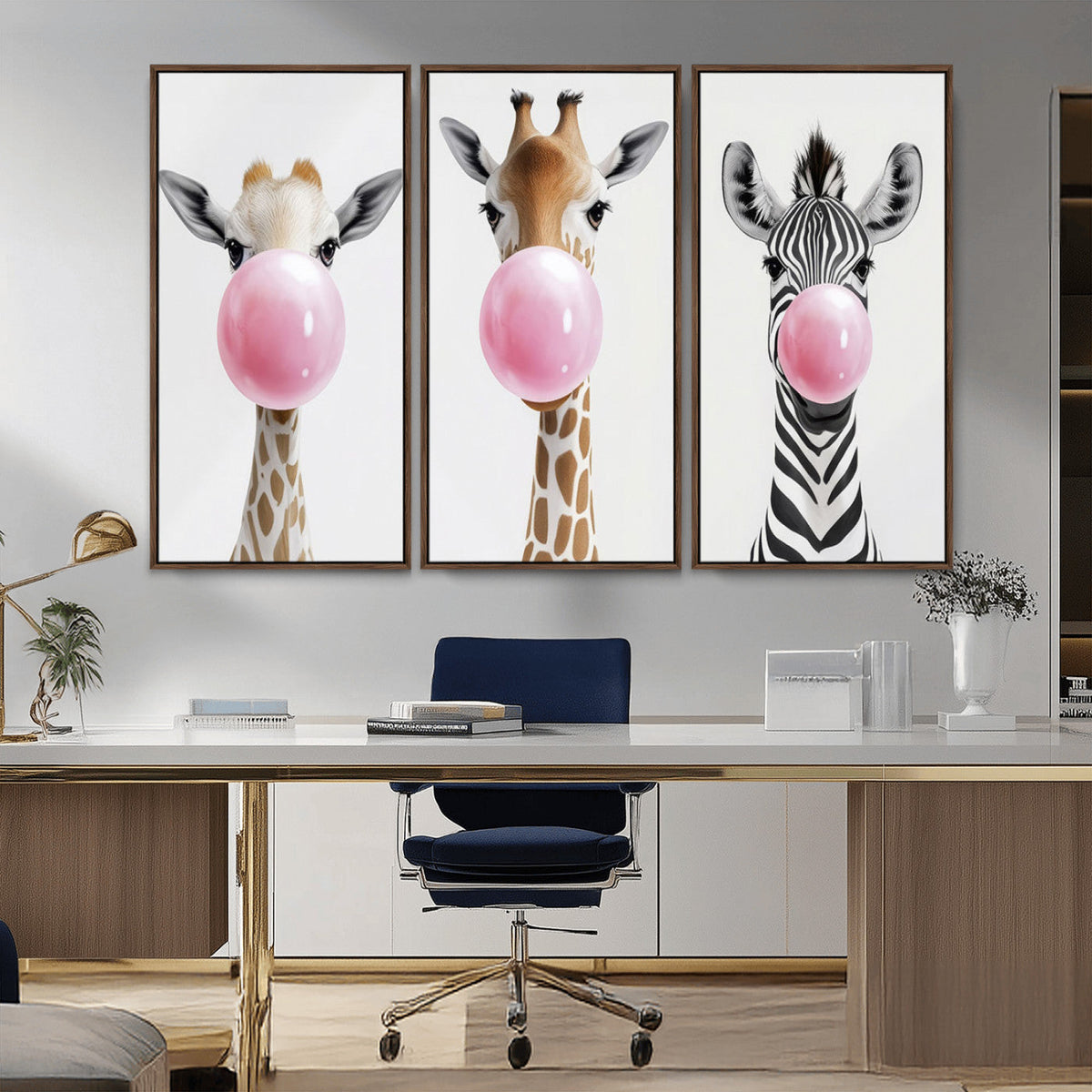 Bubblegum Animals Canvas Wall Art - Playful Giraffe and