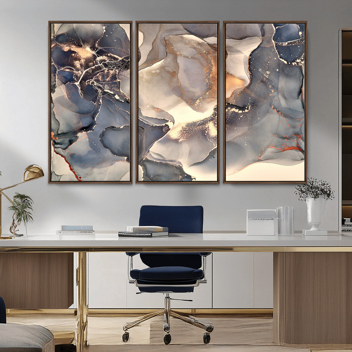 Abstract Blue and Gold Wall Art - Fluid Ink Artwork - Modern