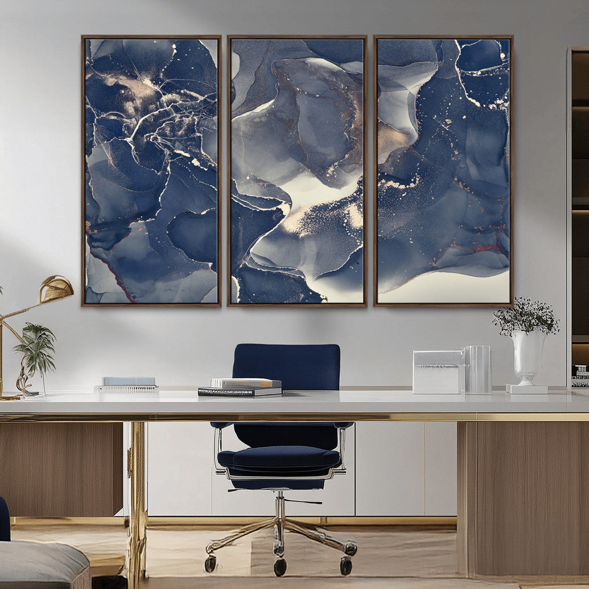Large Abstract Blue and Gold Canvas Wall Art Fluid Ink