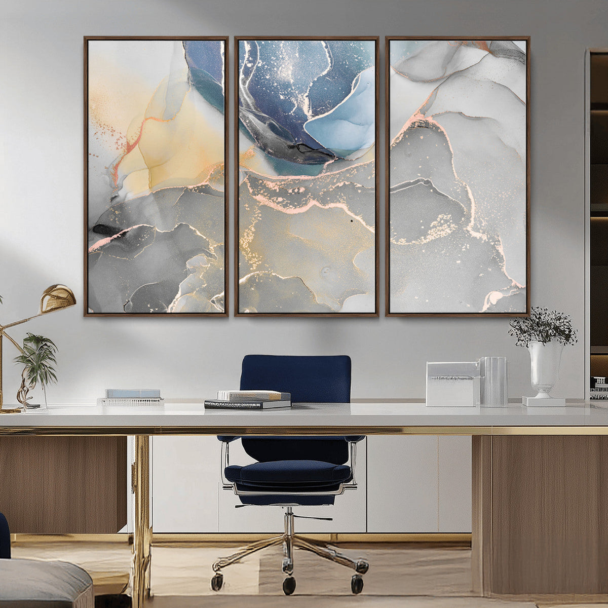Large Abstract Blue and Gold Canvas Wall Art | Fluid Ink