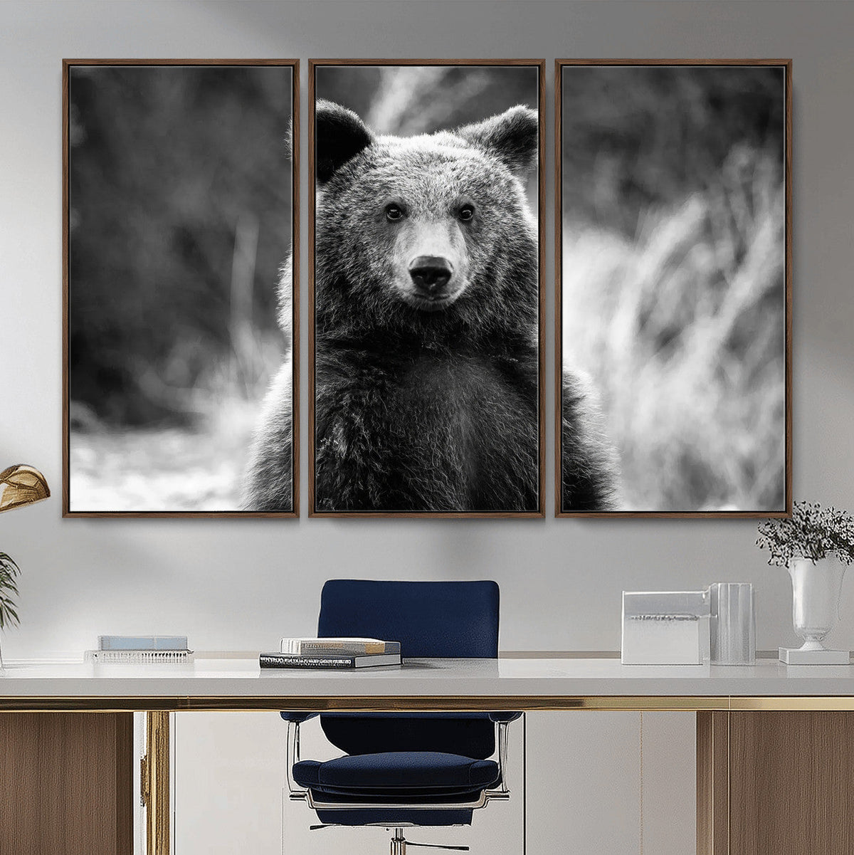 Grizzly Bear Wall Art Canvas Print – Framed Black White