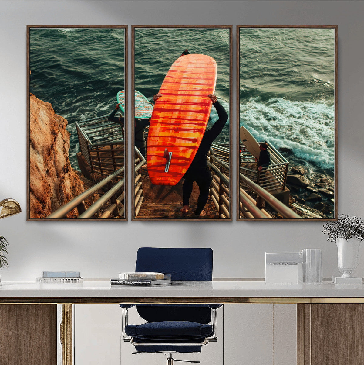 Surfer Stairway Wall Art – Framed Ocean Surf Canvas Artwork,