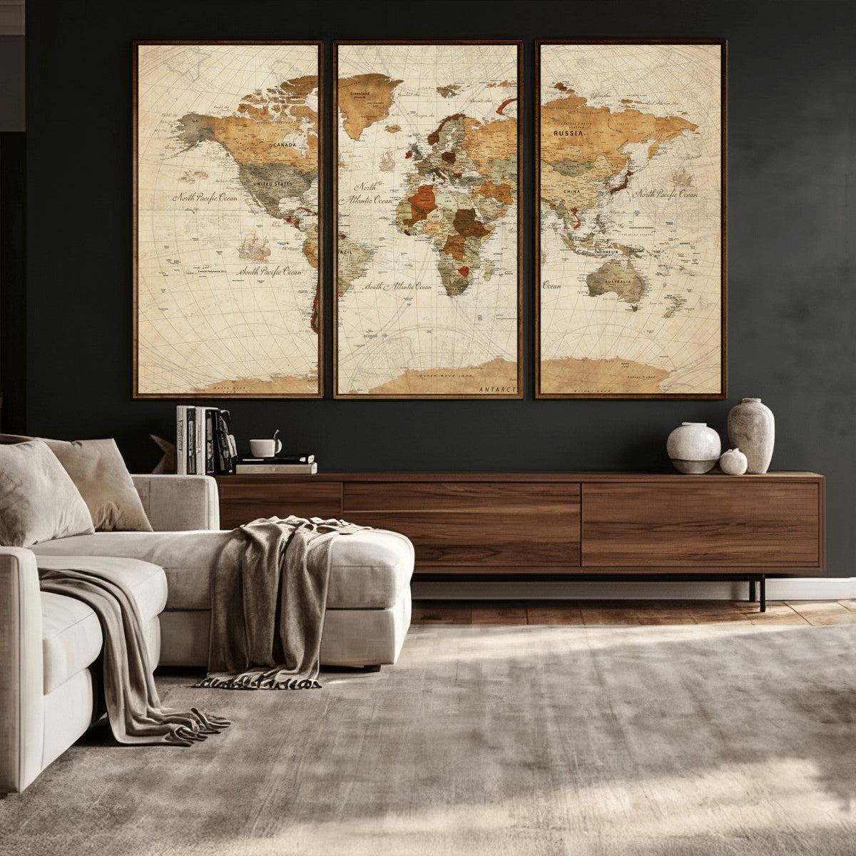 Rustic Vintage World Map Canvas Print – Framed Modern
