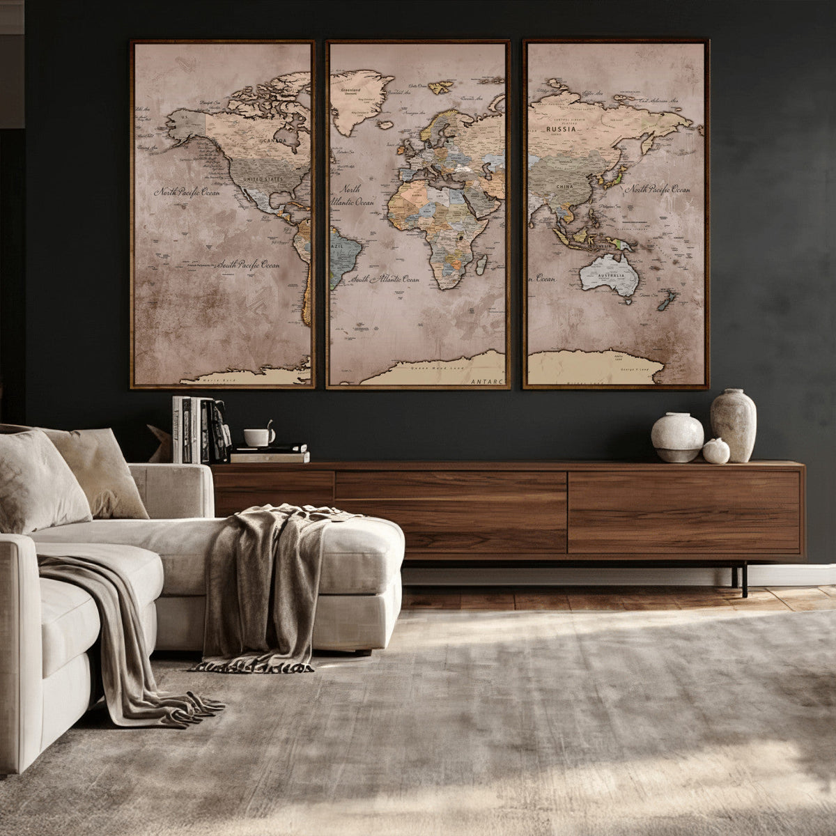 Grunge World Map Canvas Wall Art - Vintage Aged World Map