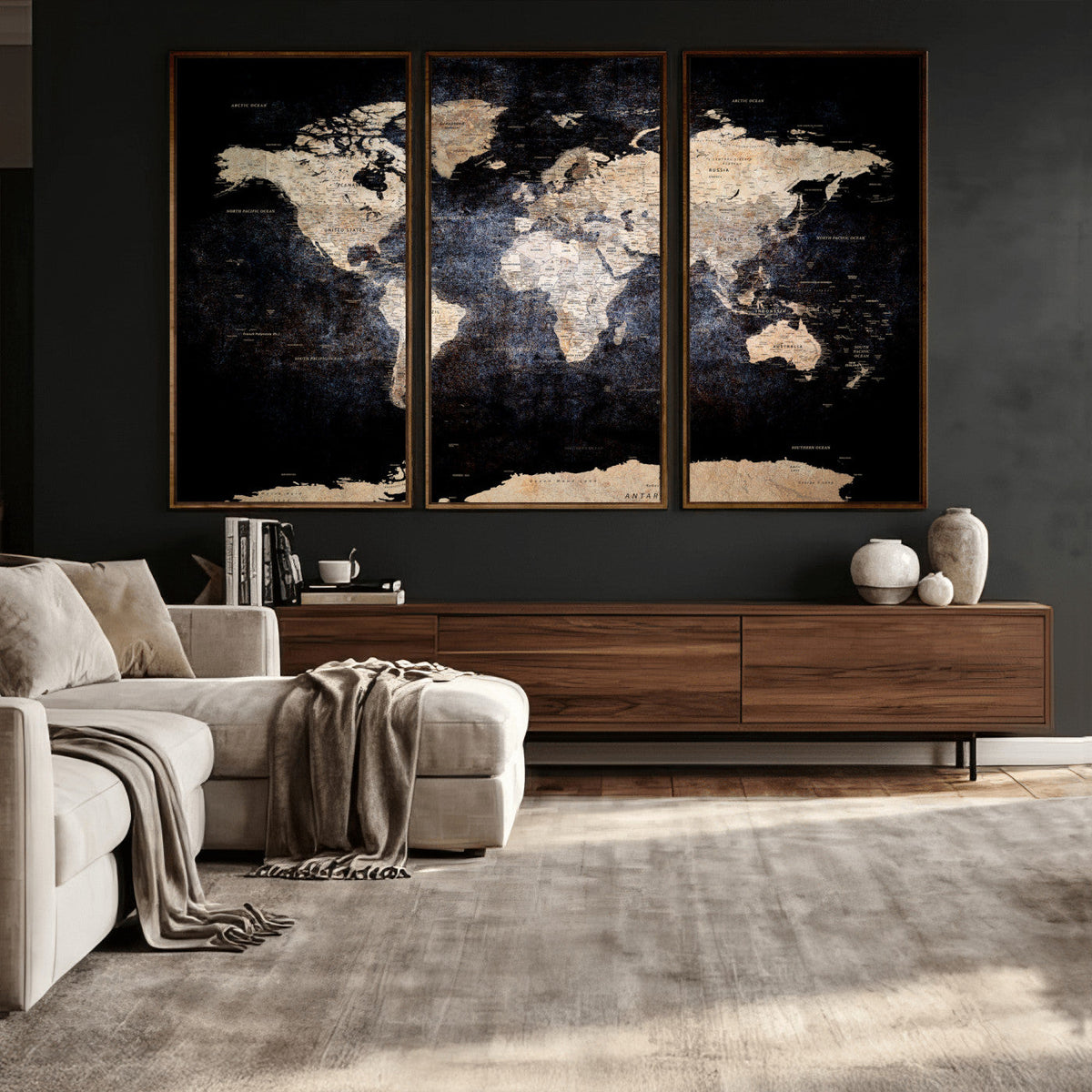 Grunge World Map Wall Art | 3-Panel Large Beige and Brown
