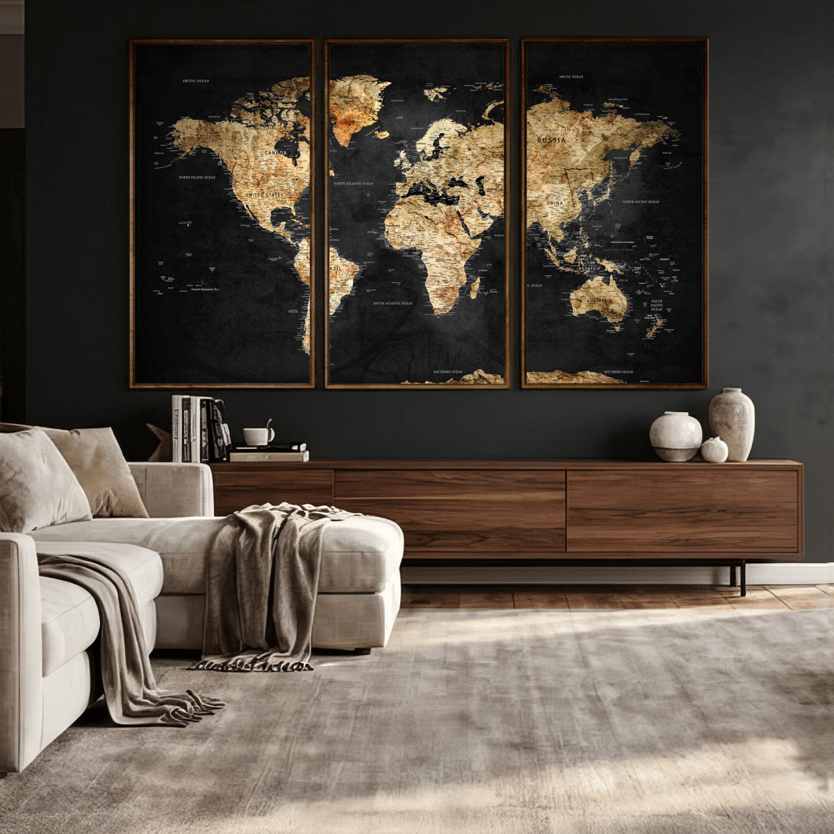World Map Canvas Wall Art with Famous Landmarks – Framed