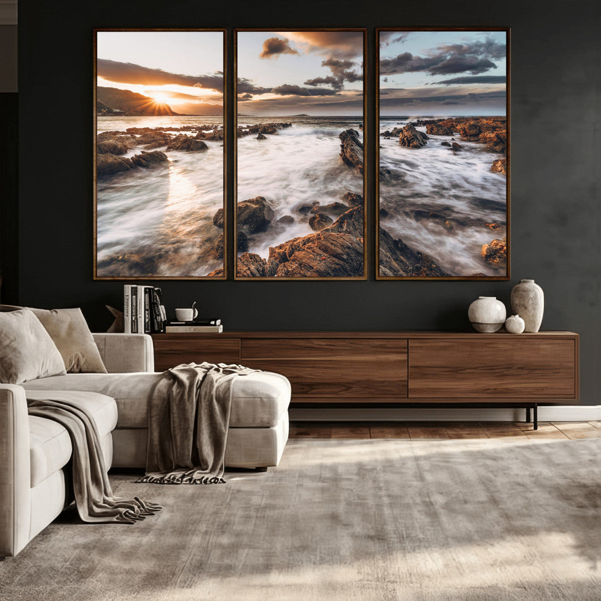Rocky Coast Ocean Sunset Wall Art Canvas Print, Dramatic
