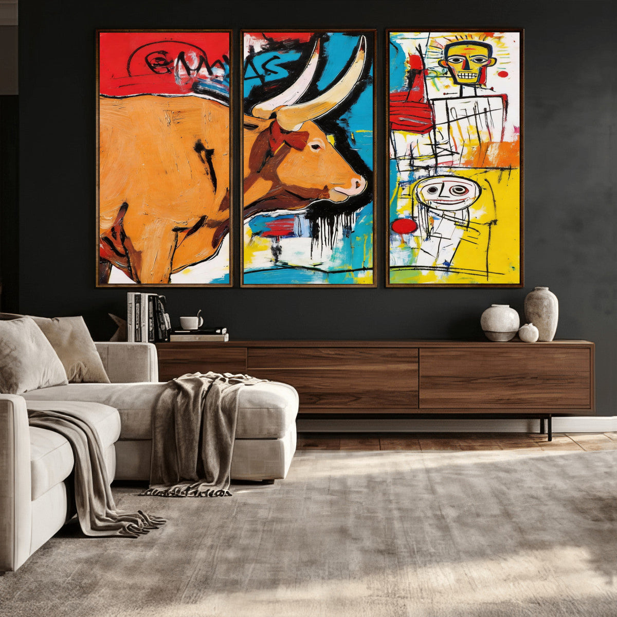 Basquiat Style Bull Graffiti Wall Art Canvas Print, Street
