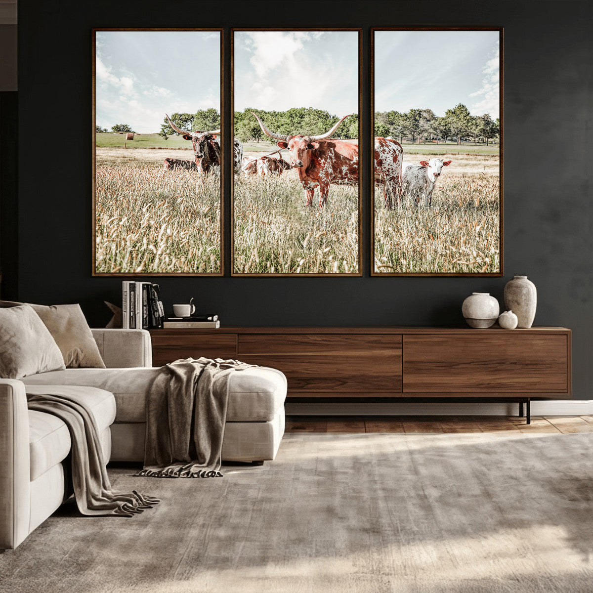 Texas Longhorn Cattle Wall Art Canvas Print, Rustic Ranch