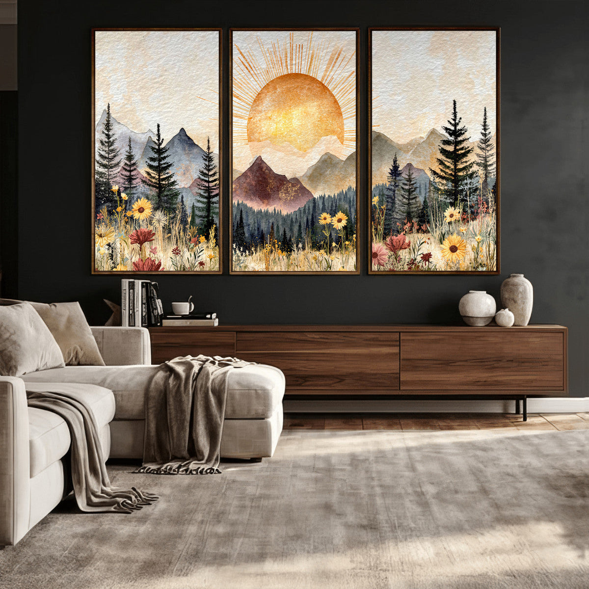 Boho Mountain Landscape Large Wall Art, Horizontal Gold