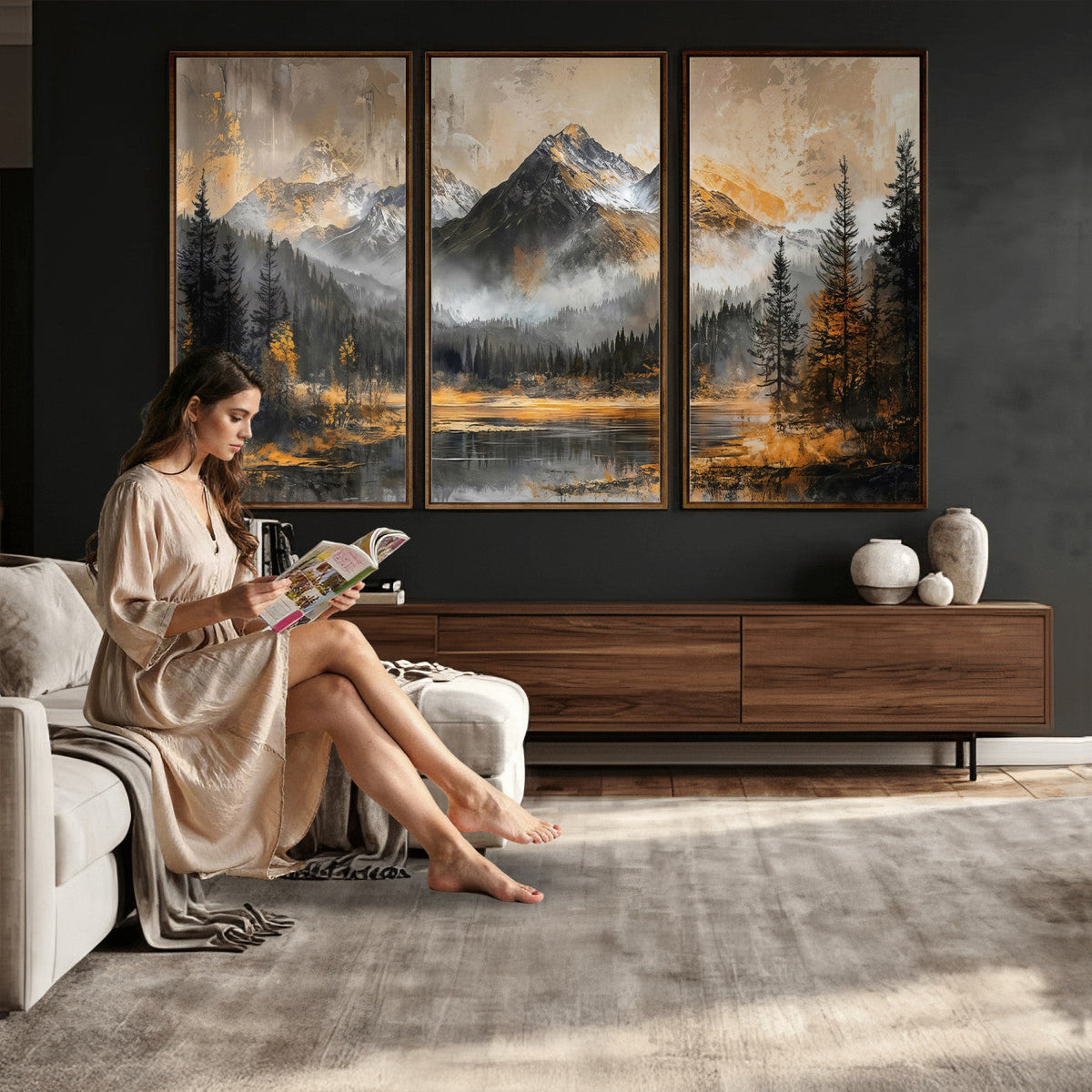 Mountain Lake Canvas Wall Art — Rustic Forest Landscape