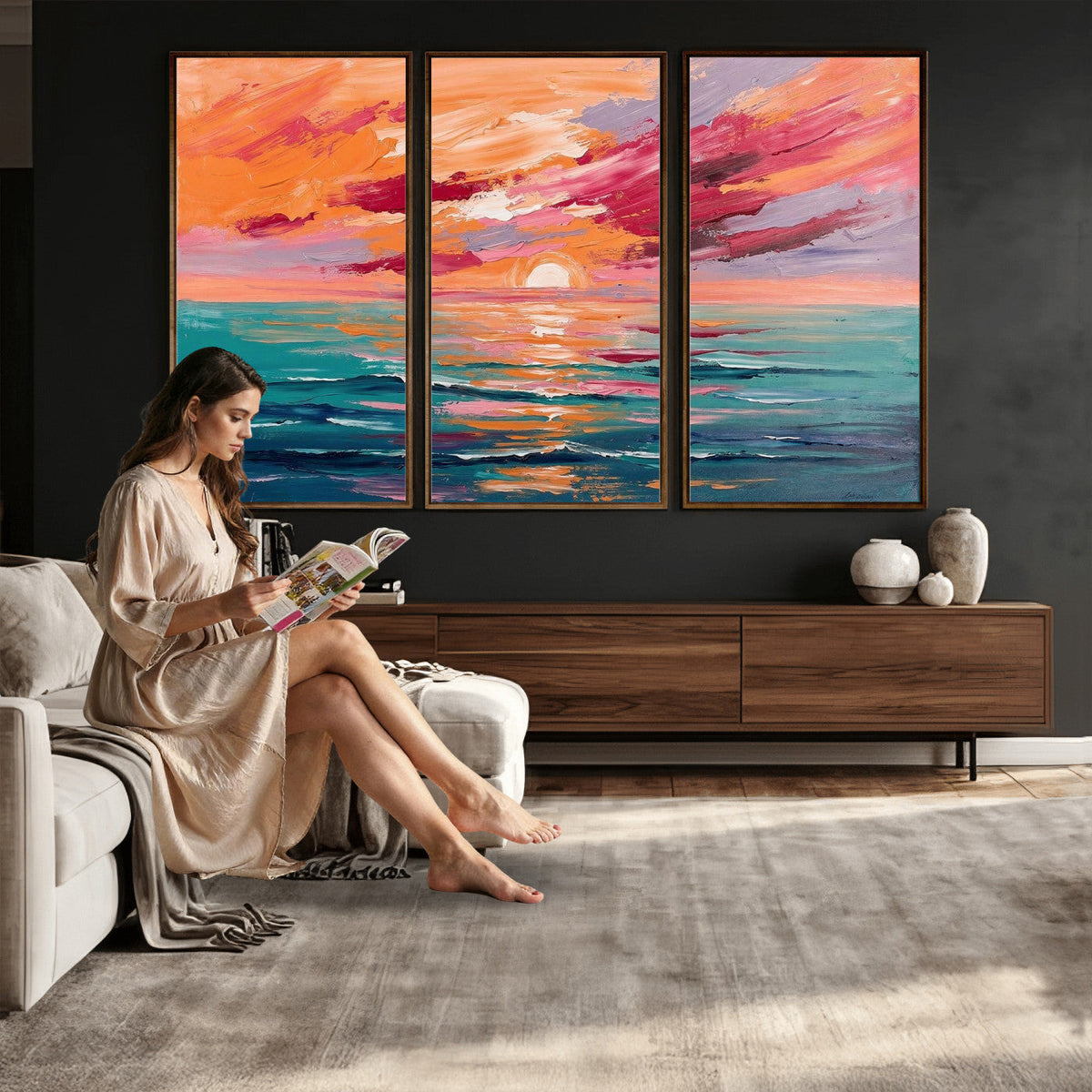 Bold Palette Knife Ocean Sunset Canvas — Orange Pink Teal