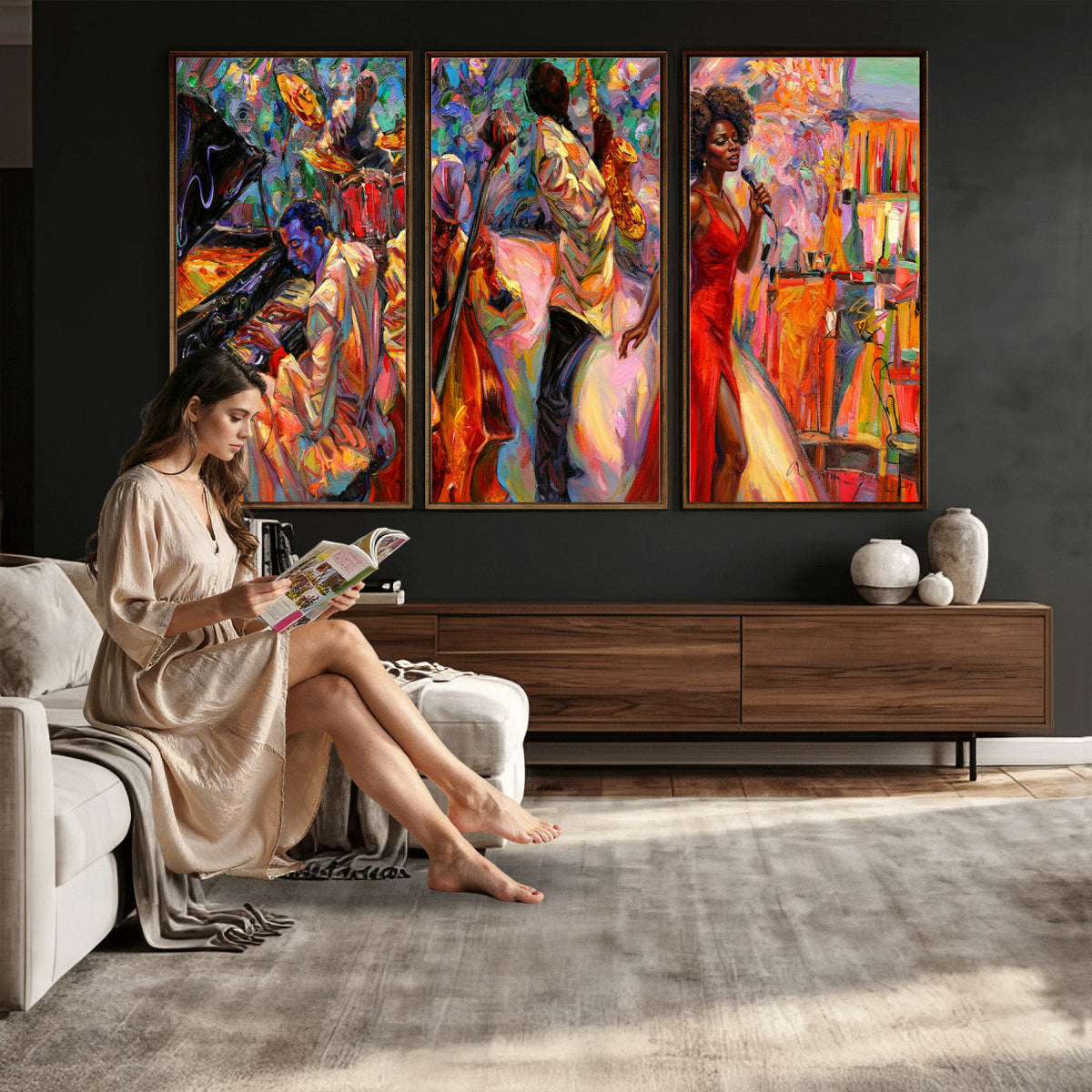 African American Jazz Singer Canvas Art — Red Dress Black