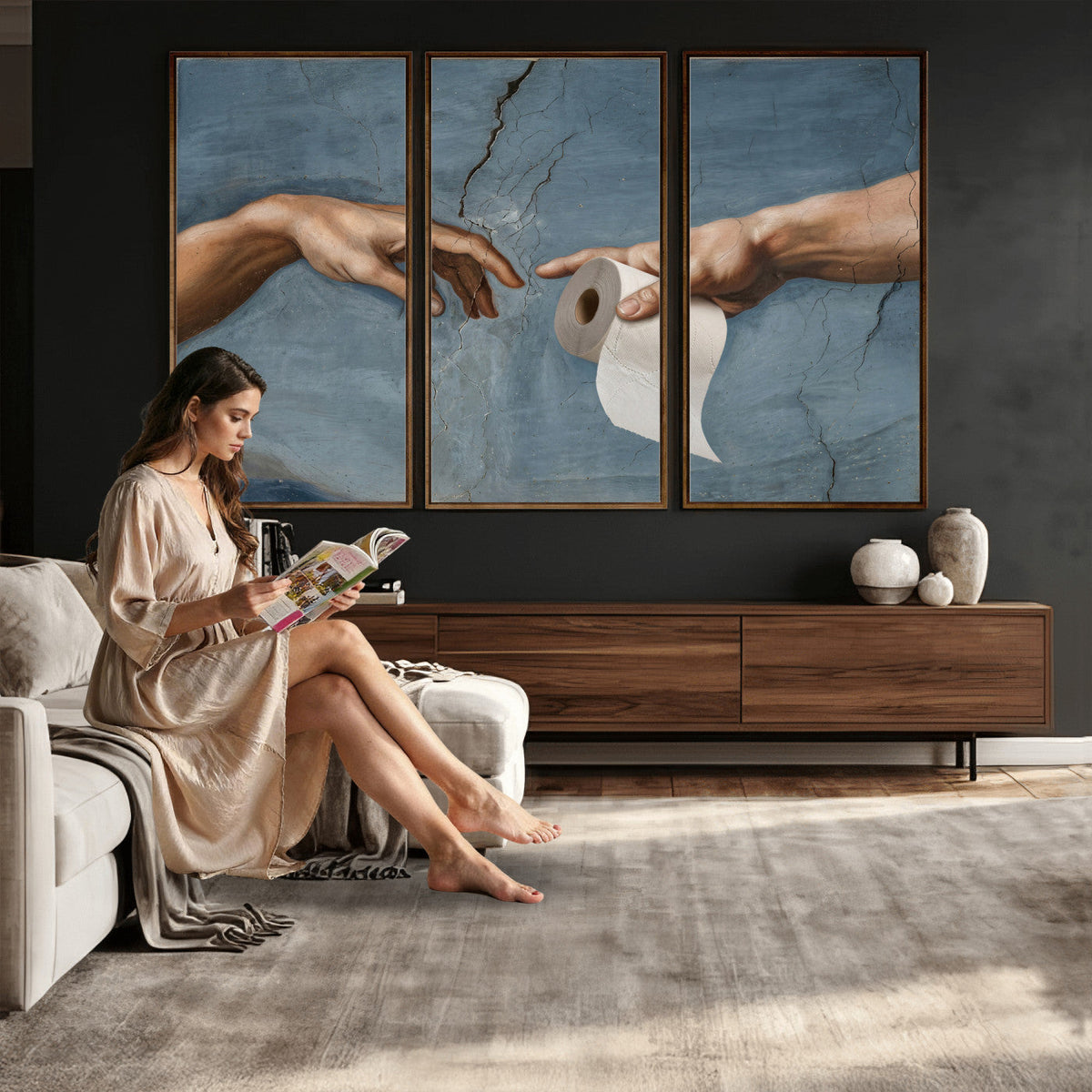 Funny Bathroom Canvas Wall Art, Michelangelo Creation of