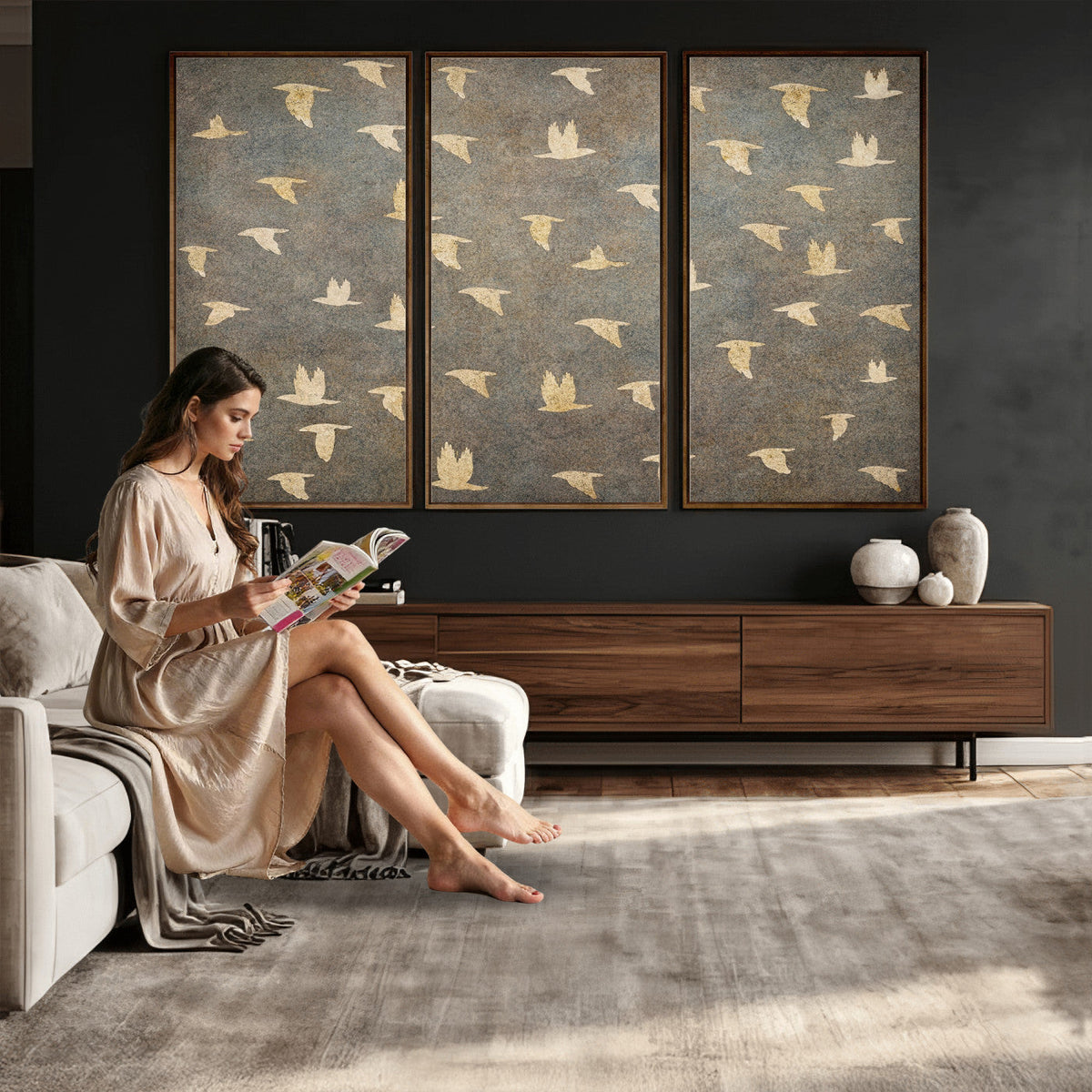 Flying Birds Canvas Wall Art, Vintage Bird Flock Pattern