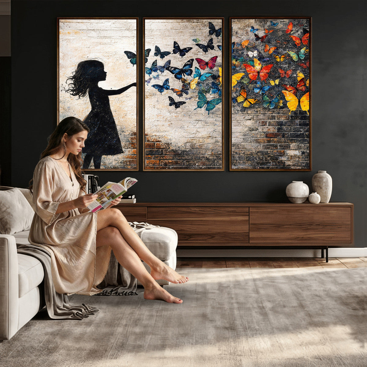 Banksy Butterfly Girl Wall Art Canvas Print, Framed Street